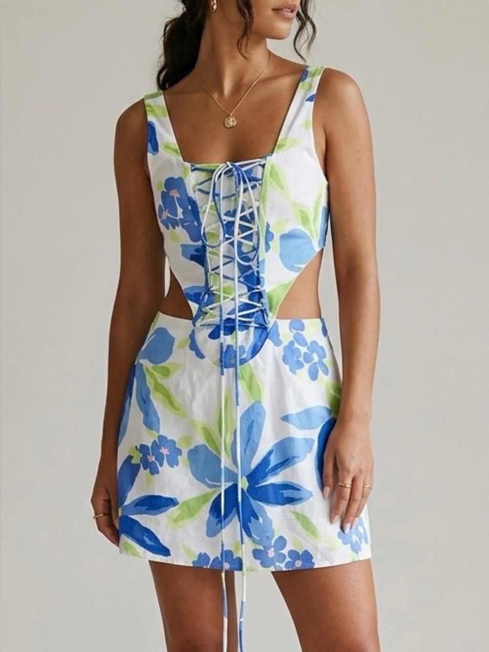 SABO Lace Up Scorpios Dress Blue Floral Cotton Mini Size L NWT